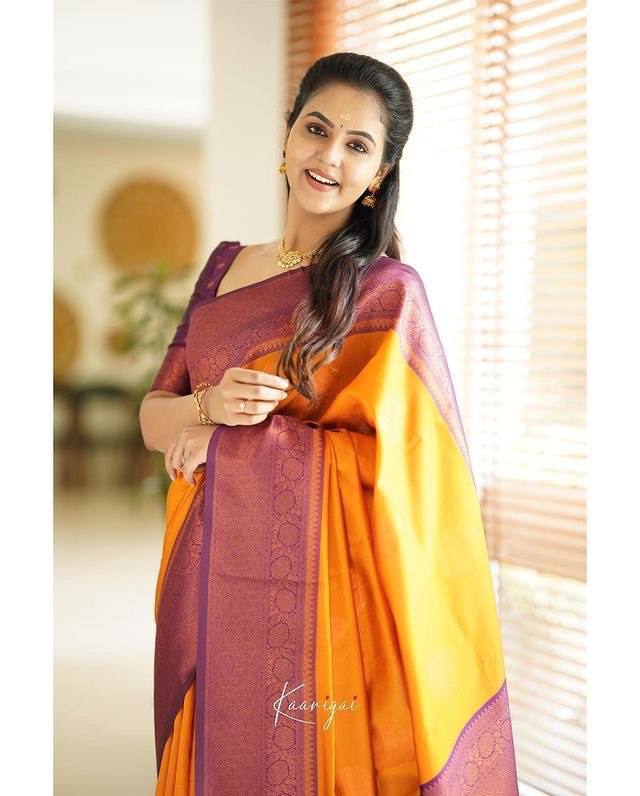Yellow Kadwa Weave Lichi Silk by Icultuer for Women