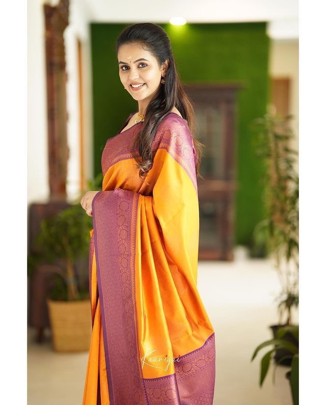 Yellow Kadwa Weave Lichi Silk by Icultuer for Women