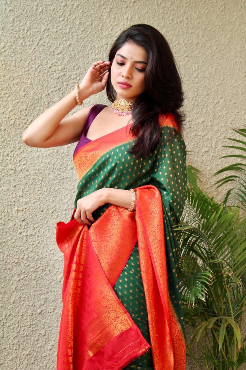 Green Zari Woven Jacquard Work Lichi Silk by Icultuer