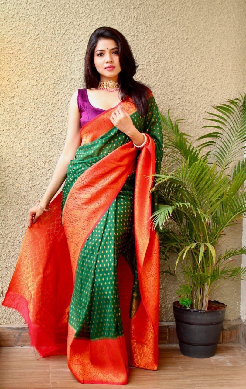 Green Zari Woven Jacquard Work Lichi Silk by Icultuer