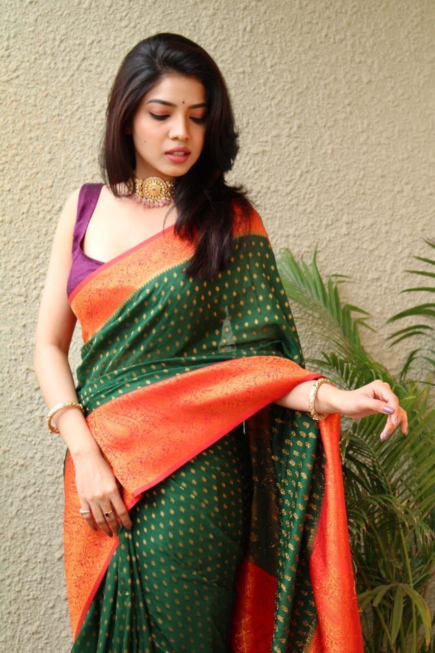 Green Zari Woven Jacquard Work Lichi Silk by Icultuer