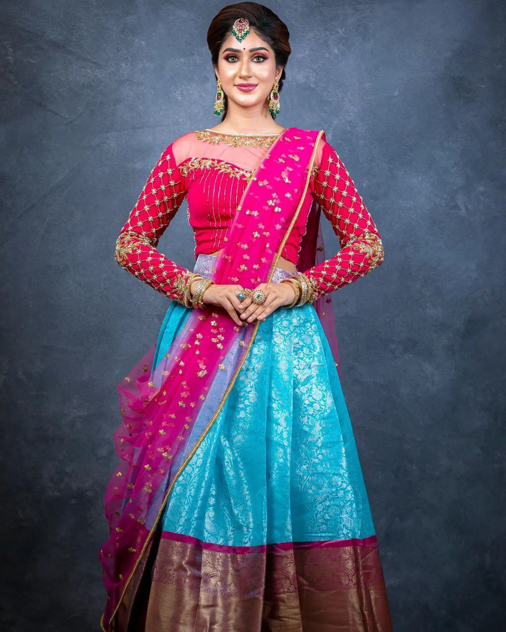Blue & Red Kanjivaram Embroidery Half Silk Banarasi by Icultuer