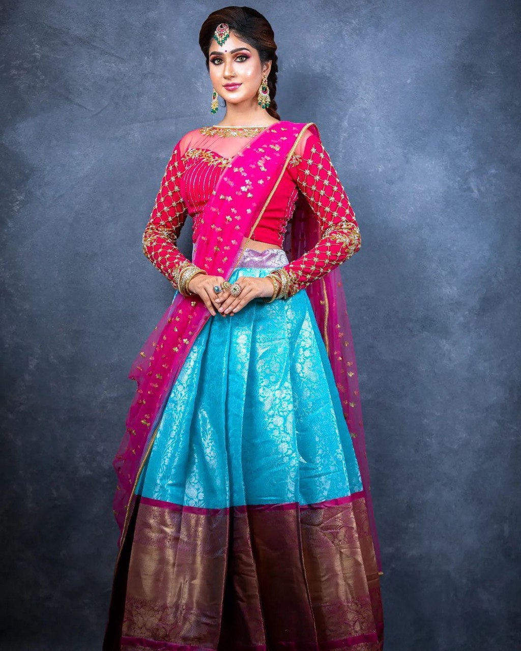 Blue & Red Kanjivaram Embroidery Half Silk Banarasi by Icultuer
