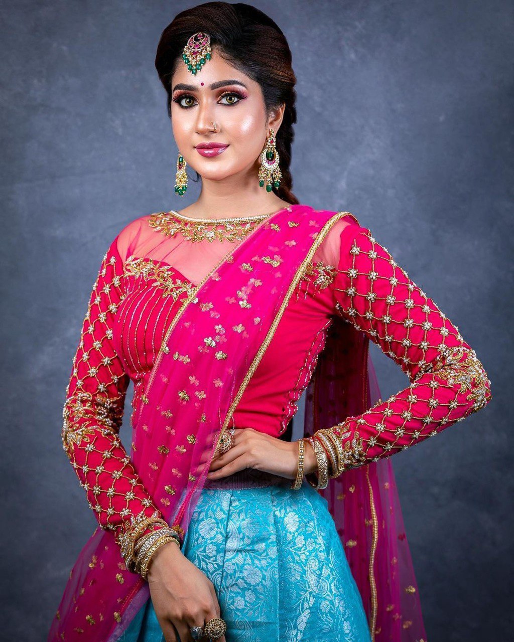 Blue & Red Kanjivaram Embroidery Half Silk Banarasi by Icultuer