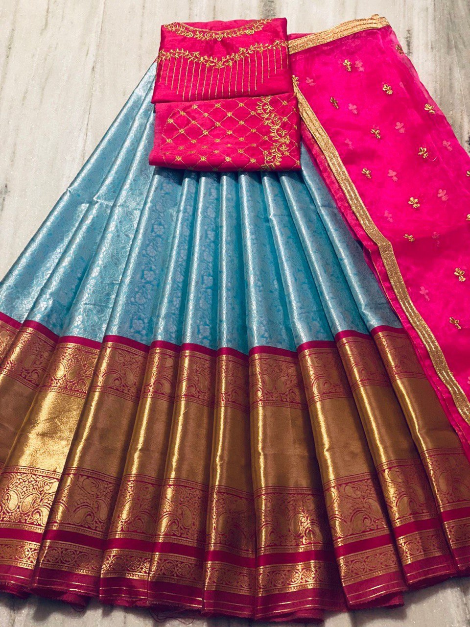 Blue & Red Kanjivaram Embroidery Half Silk Banarasi by Icultuer