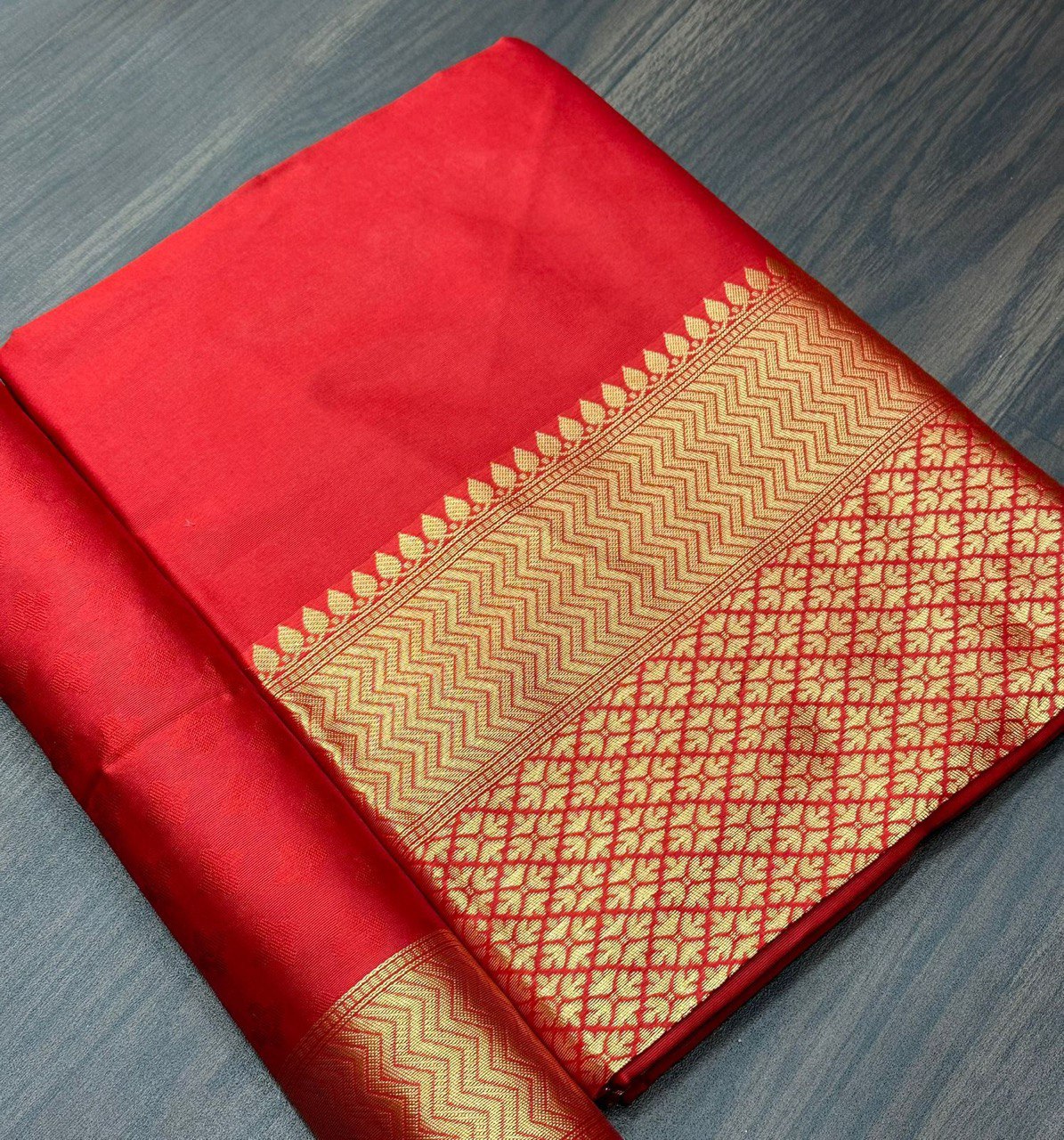 Red Kanjivaram Plain Silk Jacquard by Icultuer