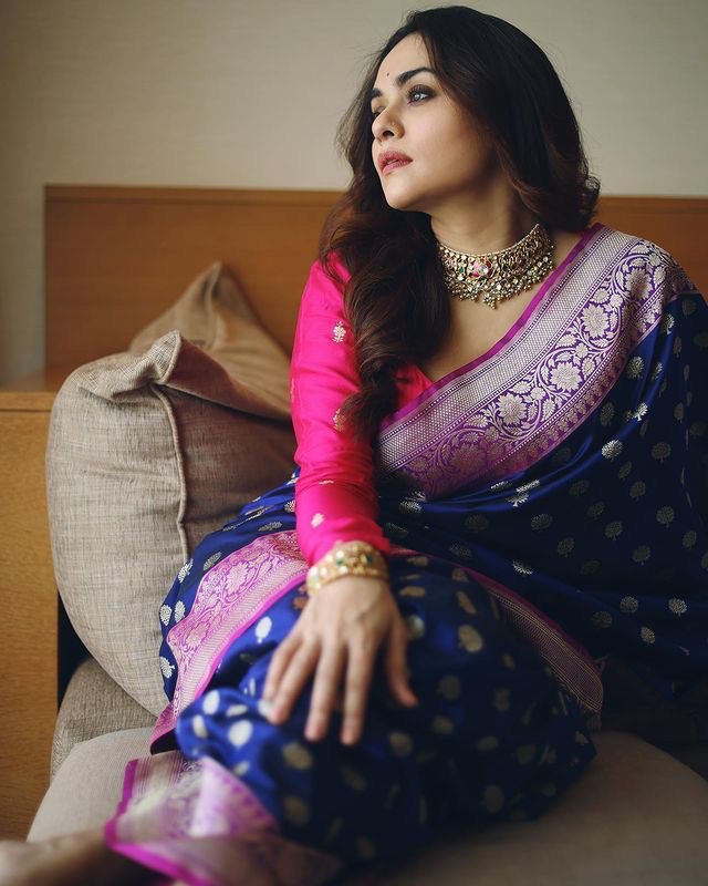 Blue & Pink Soft Banarasi Silk by Icultuer with Kawda Technique