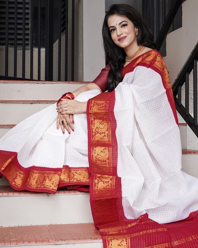 White & Red Banarasi Lichi Soft Silk Jacquard Woven by Icultuer