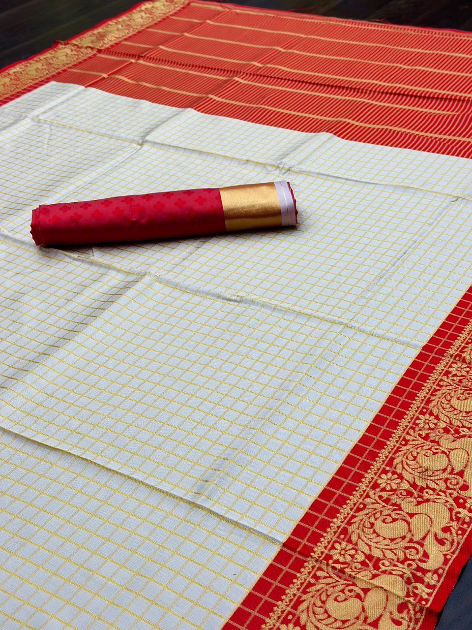 White & Red Banarasi Lichi Soft Silk Jacquard Woven by Icultuer