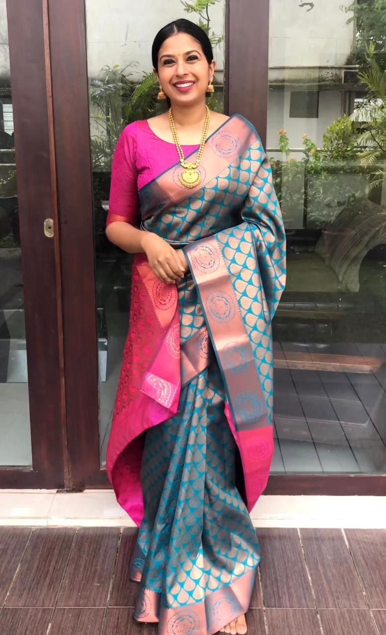 Blue Heavy Zari Design Banarasi Soft Silk by Icultuer
