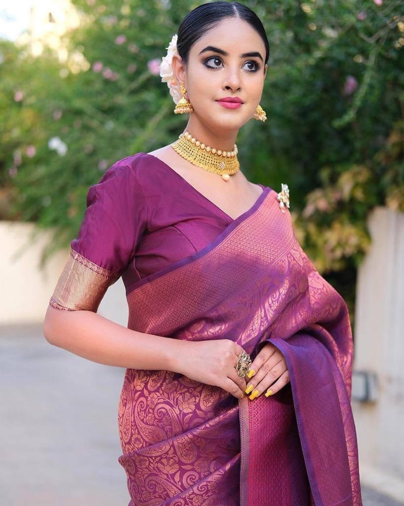 Purple Printed Banarasi Silk Blend by Icultuer for Wedding