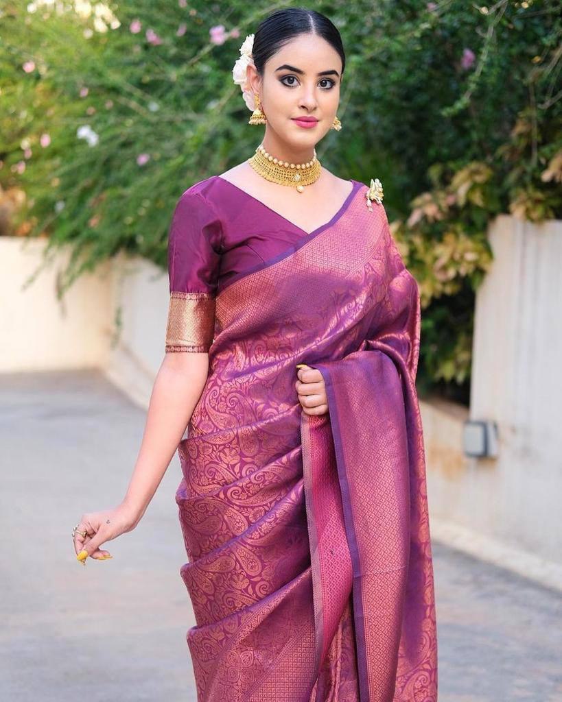 Purple Printed Banarasi Silk Blend by Icultuer for Wedding