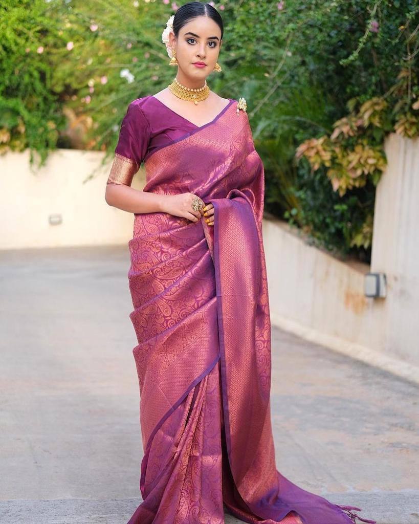 Purple Printed Banarasi Silk Blend by Icultuer for Wedding