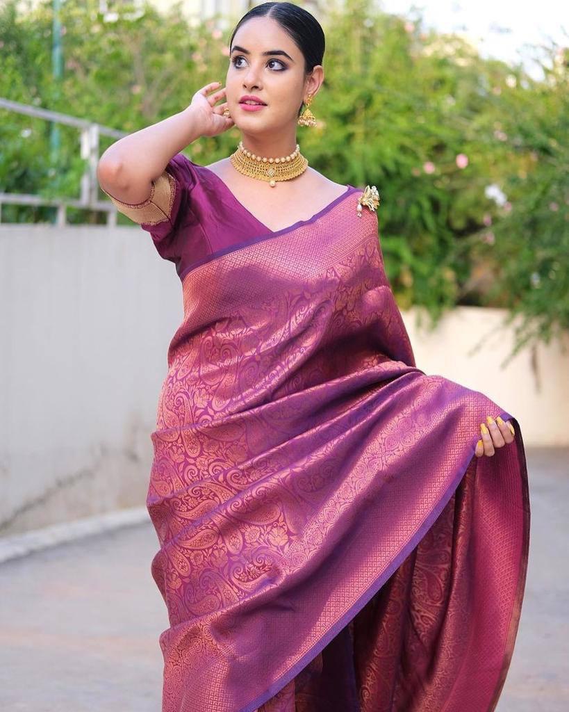 Purple Printed Banarasi Silk Blend by Icultuer for Wedding