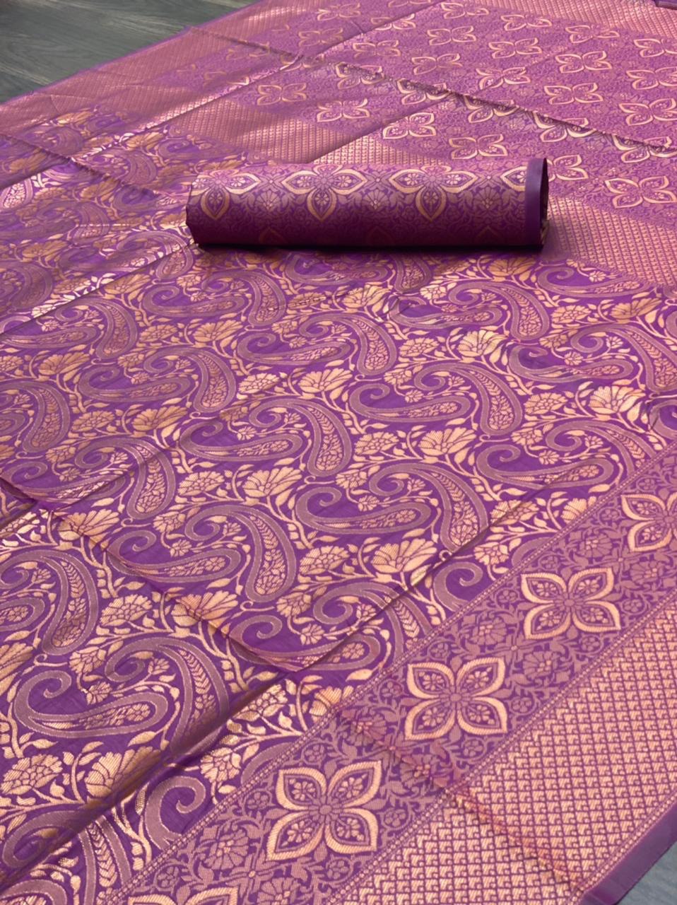 Purple Printed Banarasi Silk Blend by Icultuer for Wedding
