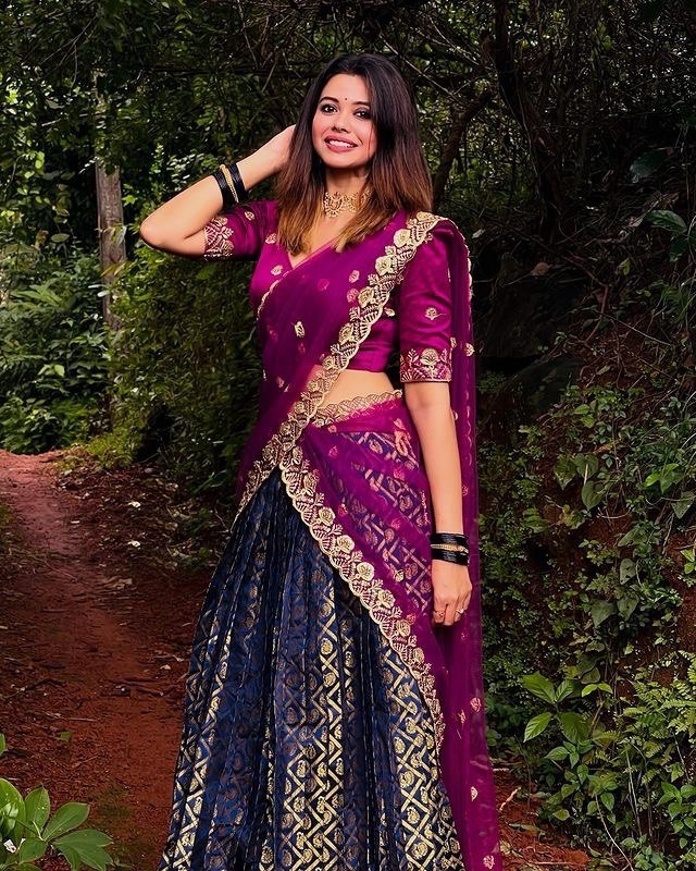 Navy Blue Color Lehenga Kanjivaram Silk Zari Half by Icultuers