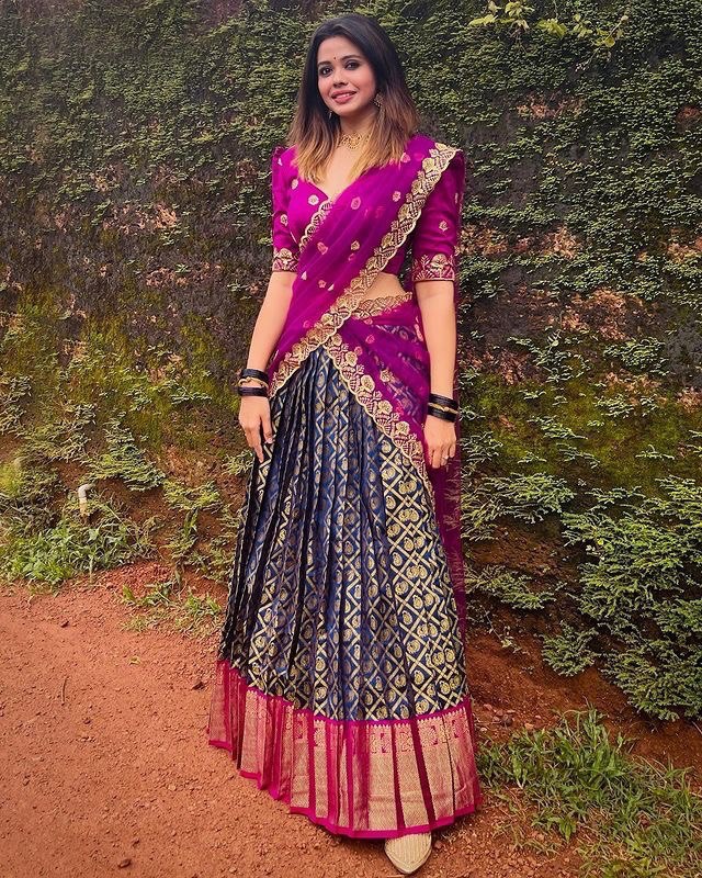 Navy Blue Color Lehenga Kanjivaram Silk Zari Half by Icultuers
