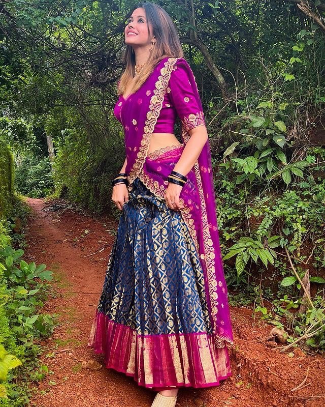 Navy Blue Color Lehenga Kanjivaram Silk Zari Half by Icultuers