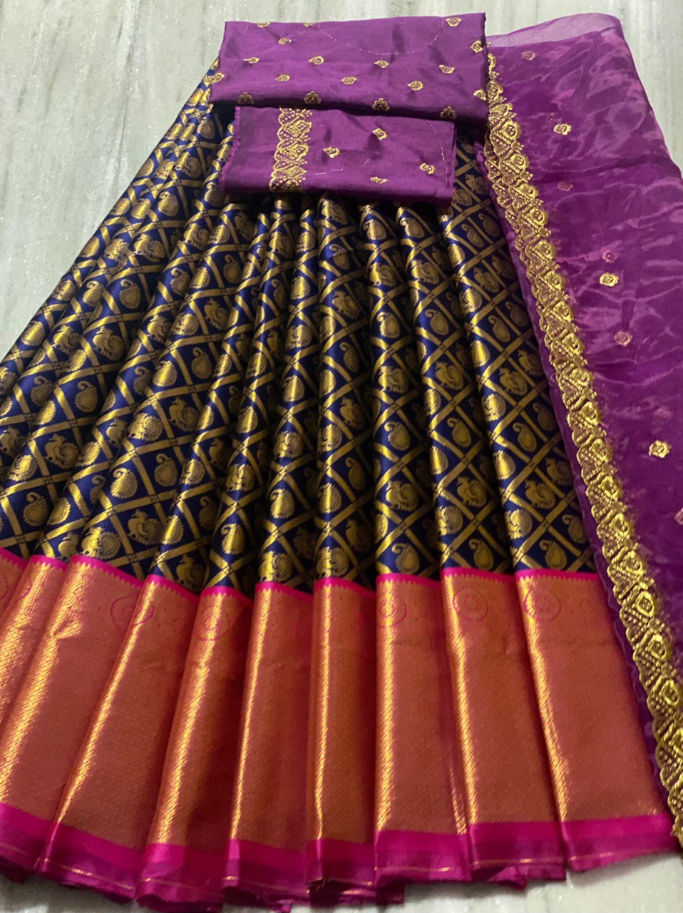 Navy Blue Color Lehenga Kanjivaram Silk Zari Half by Icultuers