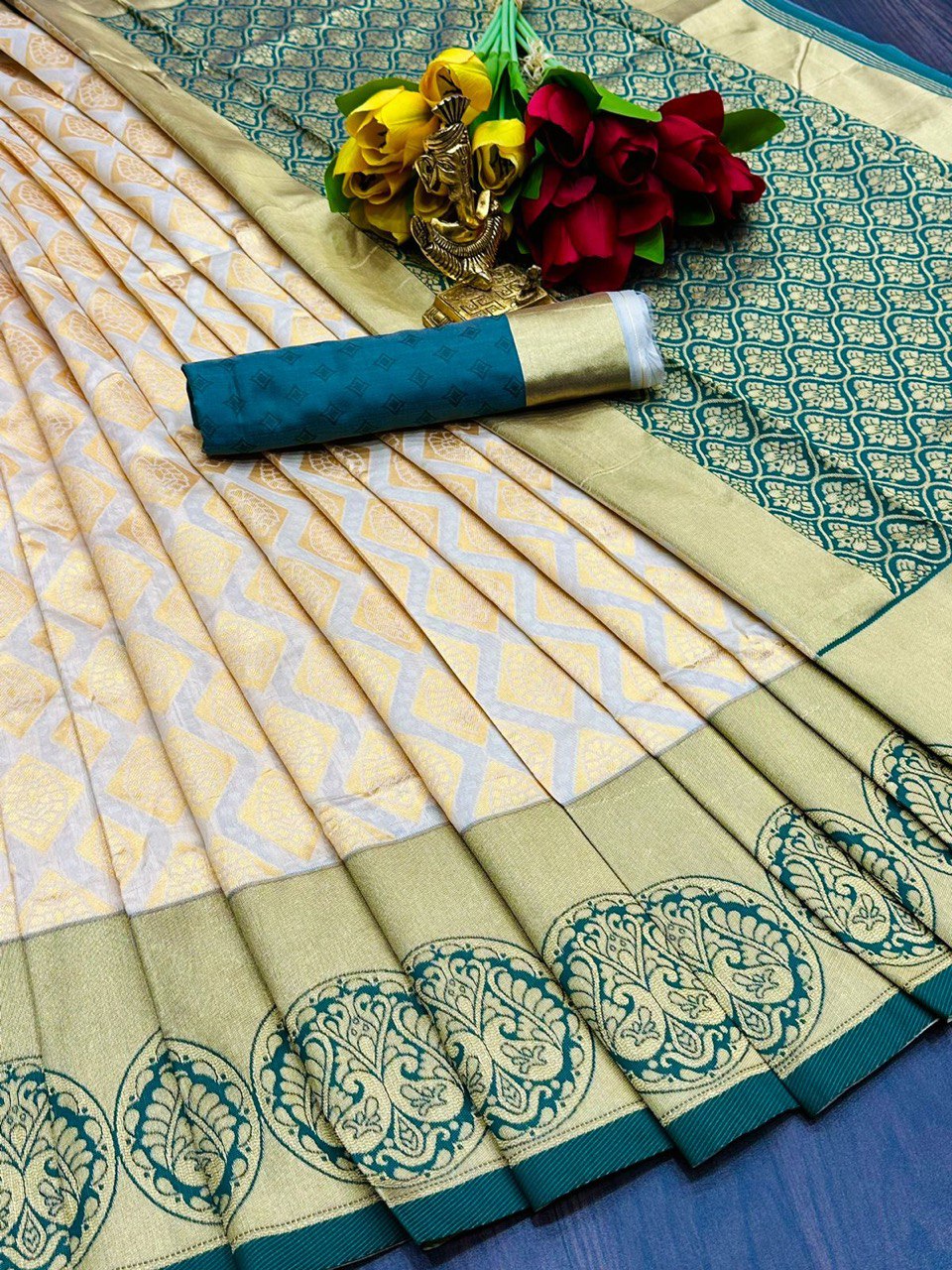 White Kanchipuram Soft Silk Banarasi by Icultuer for Wedding