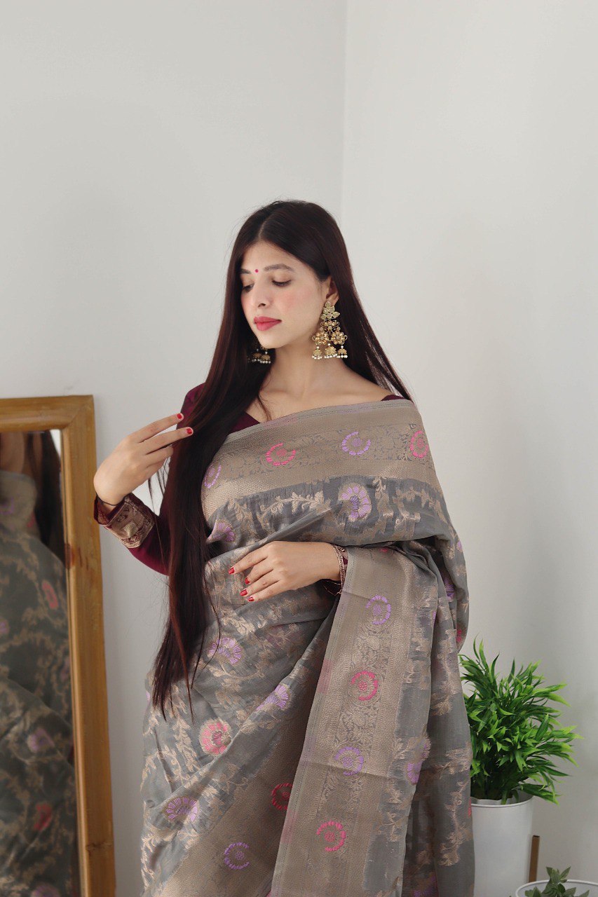 Grey Kanjivaram Organza Silk by Icultuer for Wedding