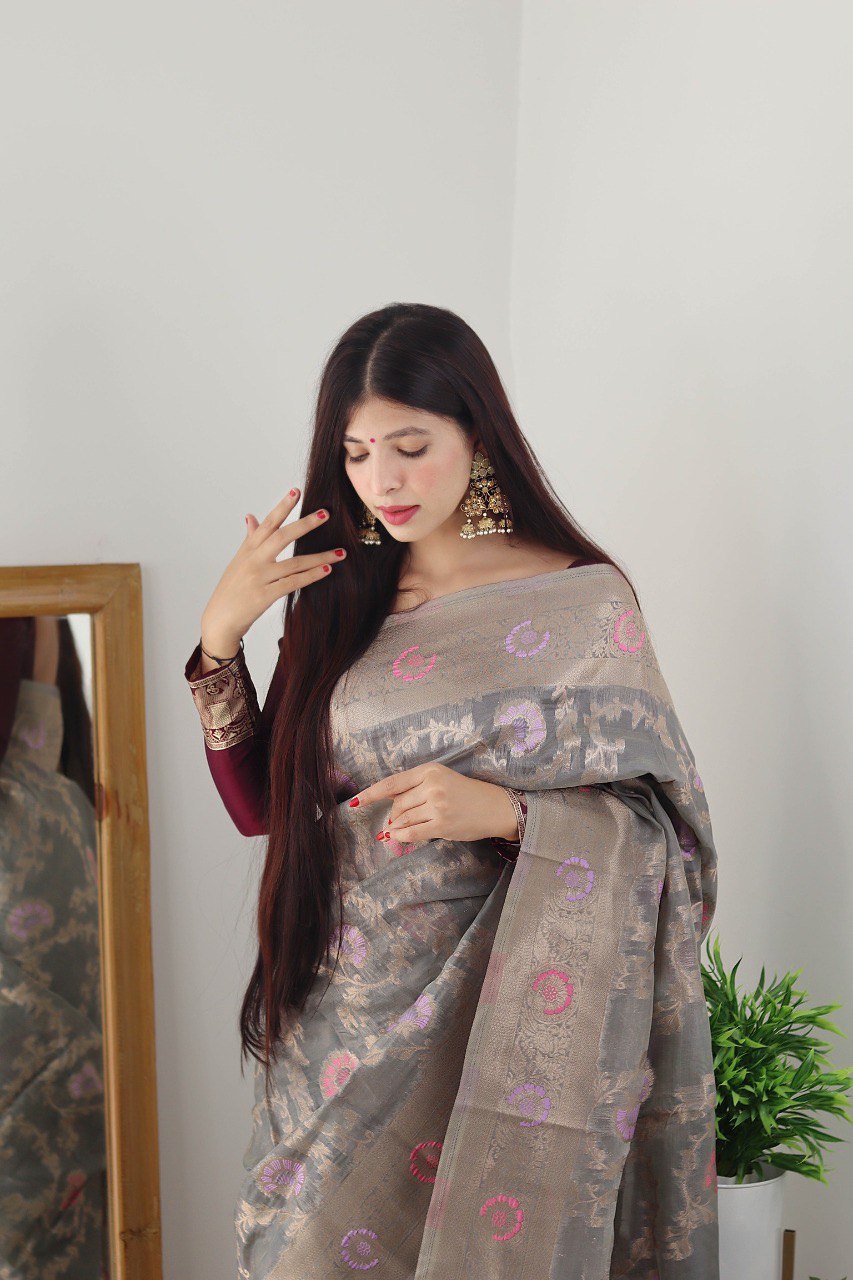 Grey Kanjivaram Organza Silk by Icultuer for Wedding