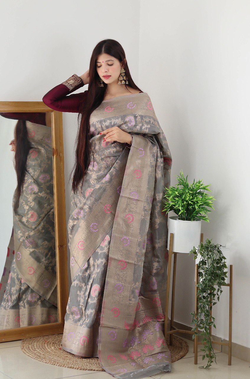 Grey Kanjivaram Organza Silk by Icultuer for Wedding