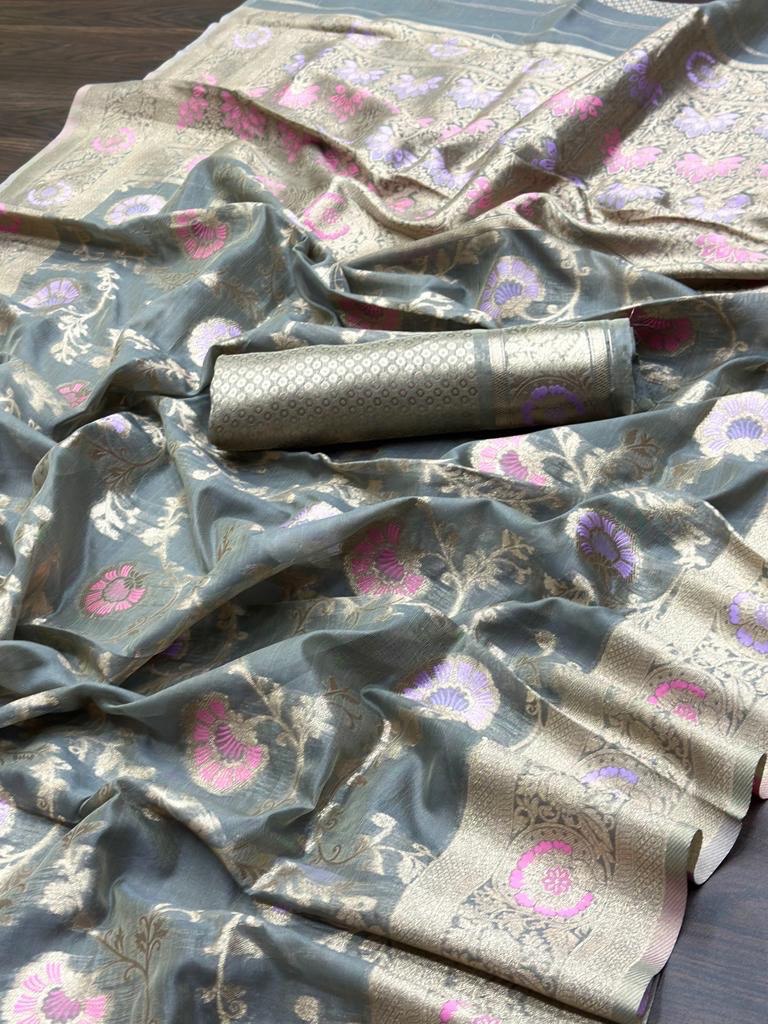 Grey Kanjivaram Organza Silk by Icultuer for Wedding