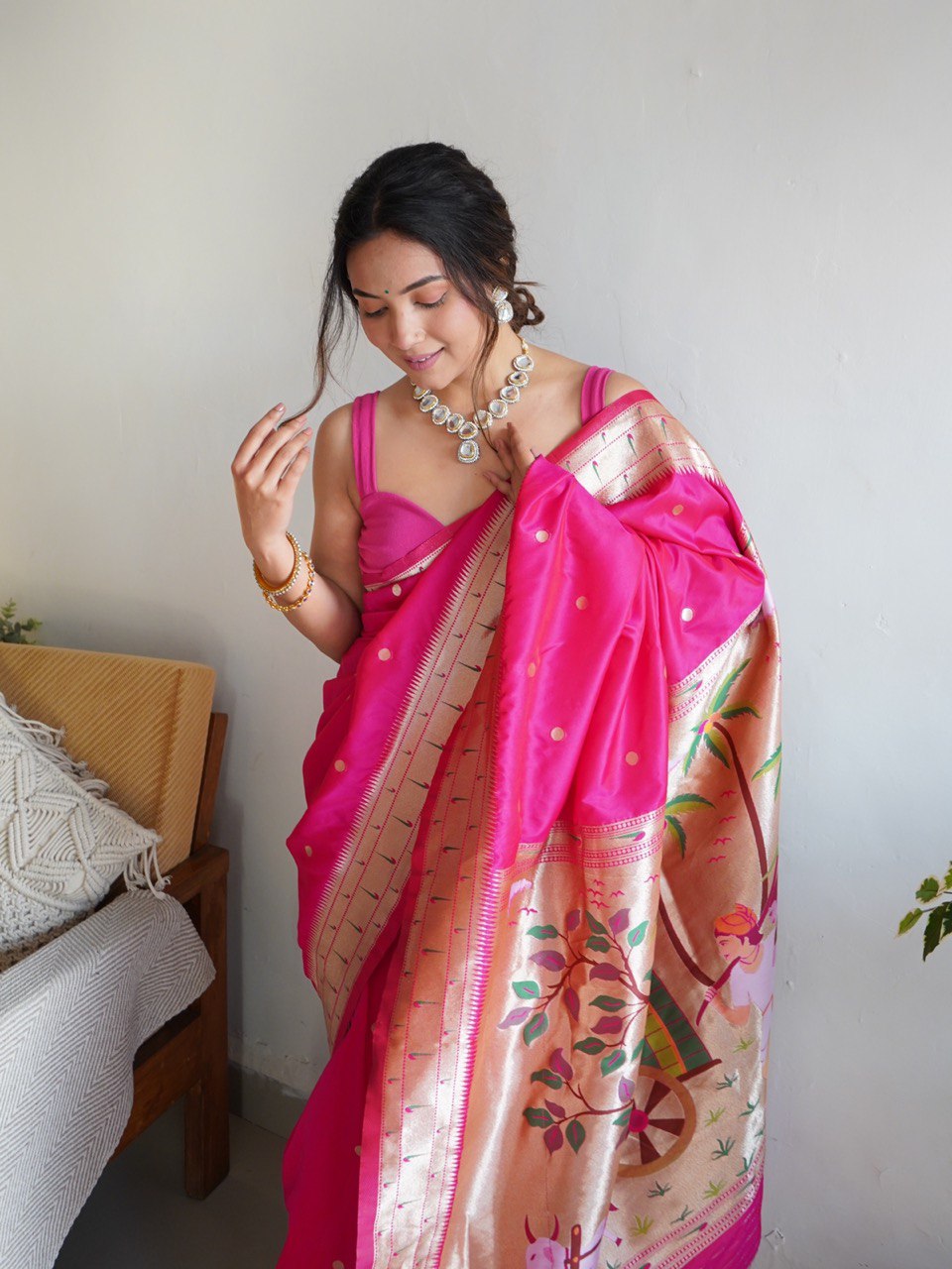 Golden Zari Woven Paithani Kanjivaram Soft Silk by Icultuer