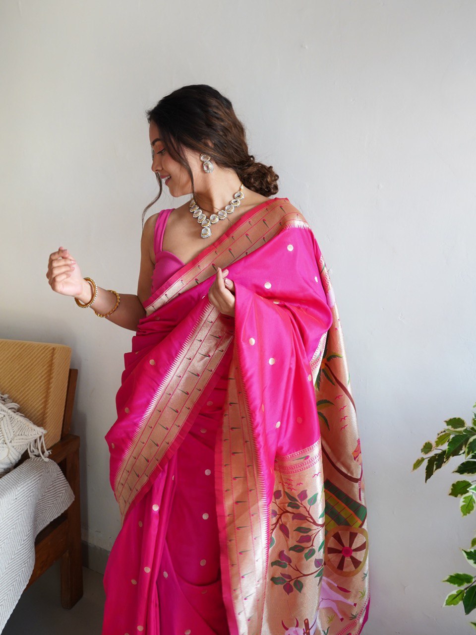 Golden Zari Woven Paithani Kanjivaram Soft Silk by Icultuer