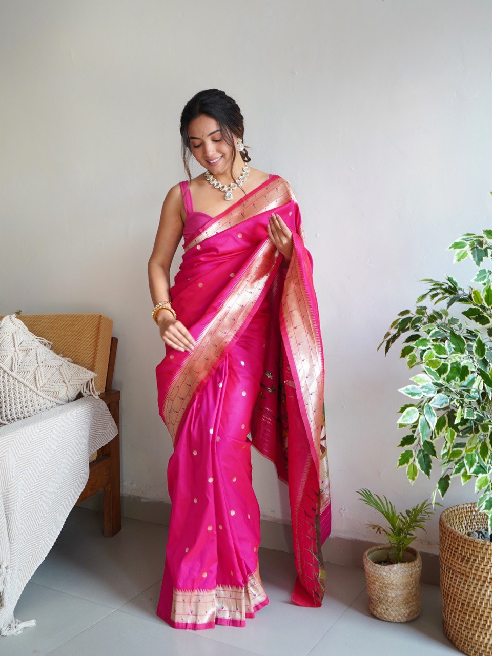 Golden Zari Woven Paithani Kanjivaram Soft Silk by Icultuer