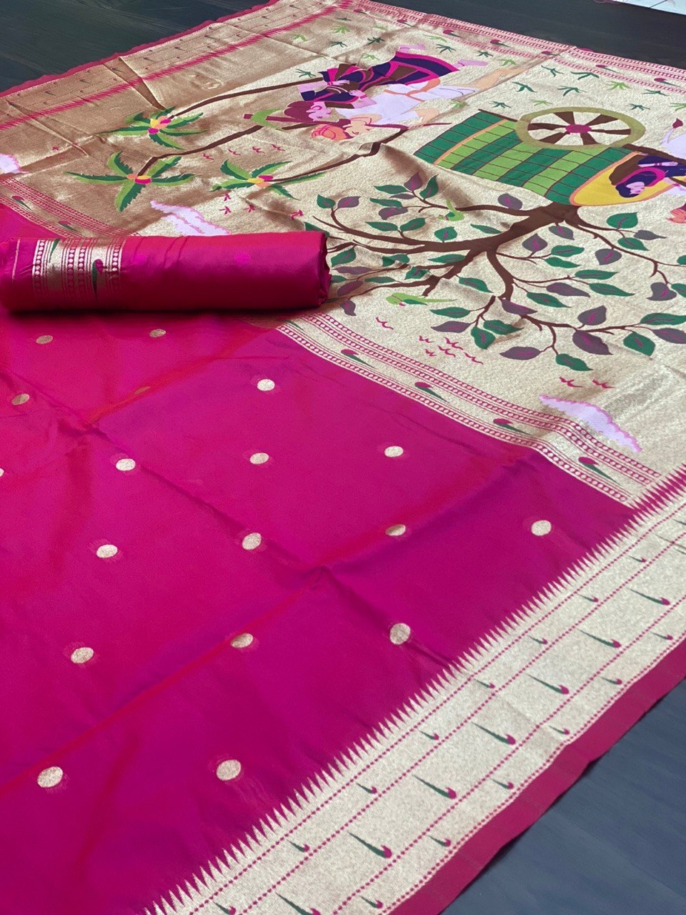 Golden Zari Woven Paithani Kanjivaram Soft Silk by Icultuer