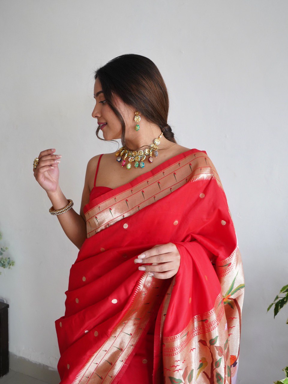 Red Zari Woven Design Paithani Silk Blend by Icultuer