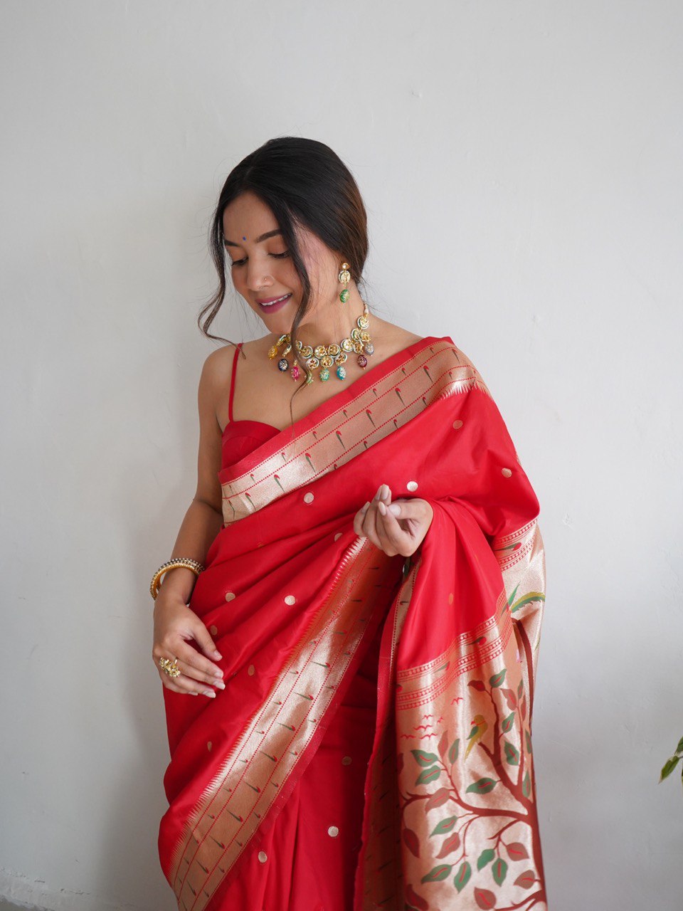 Red Zari Woven Design Paithani Silk Blend by Icultuer