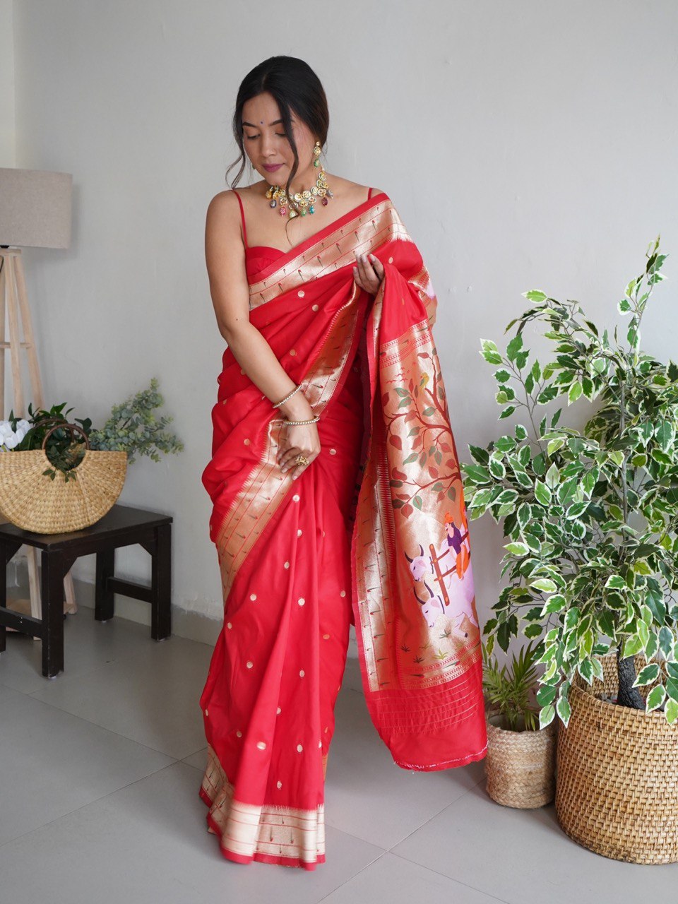 Red Zari Woven Design Paithani Silk Blend by Icultuer