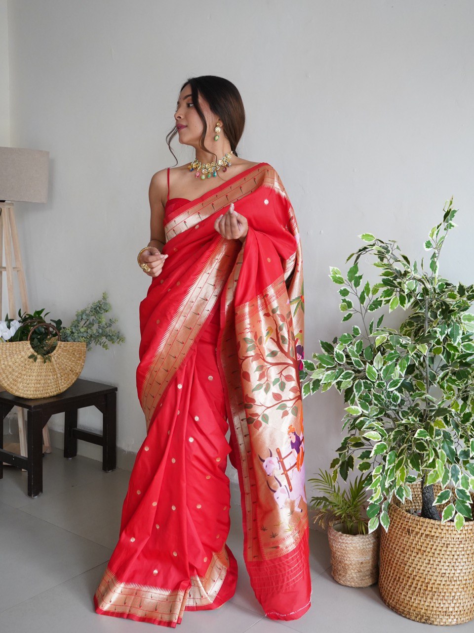 Red Zari Woven Design Paithani Silk Blend by Icultuer