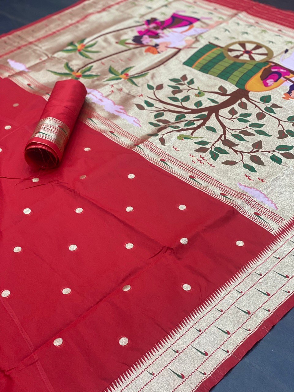 Red Zari Woven Design Paithani Silk Blend by Icultuer