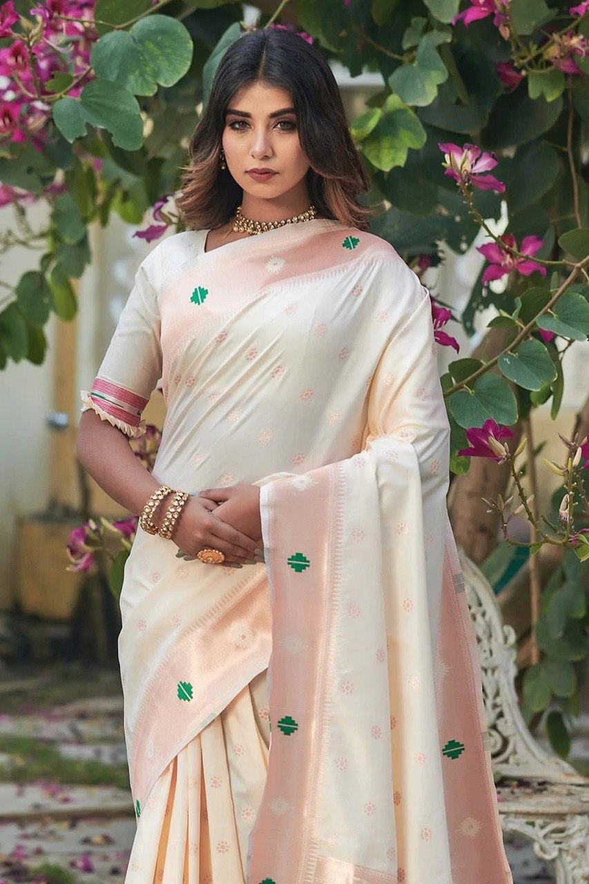 Daisy White Paithani Soft Silk Banarasi by Icultuer