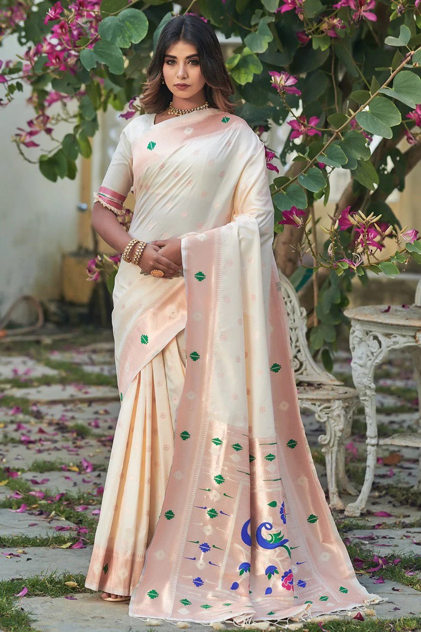 Rose White Woven Design Paithani Pure Silk by Icultuer with Zari Border