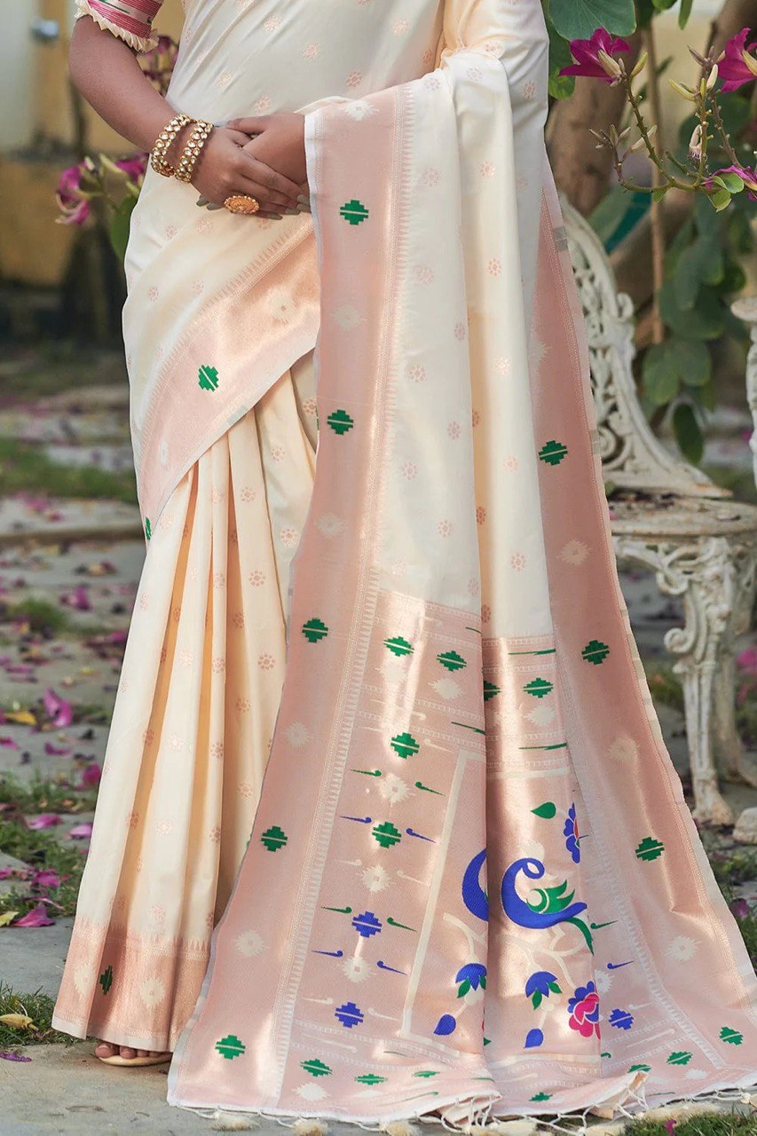 Daisy White Paithani Soft Silk Banarasi by Icultuer