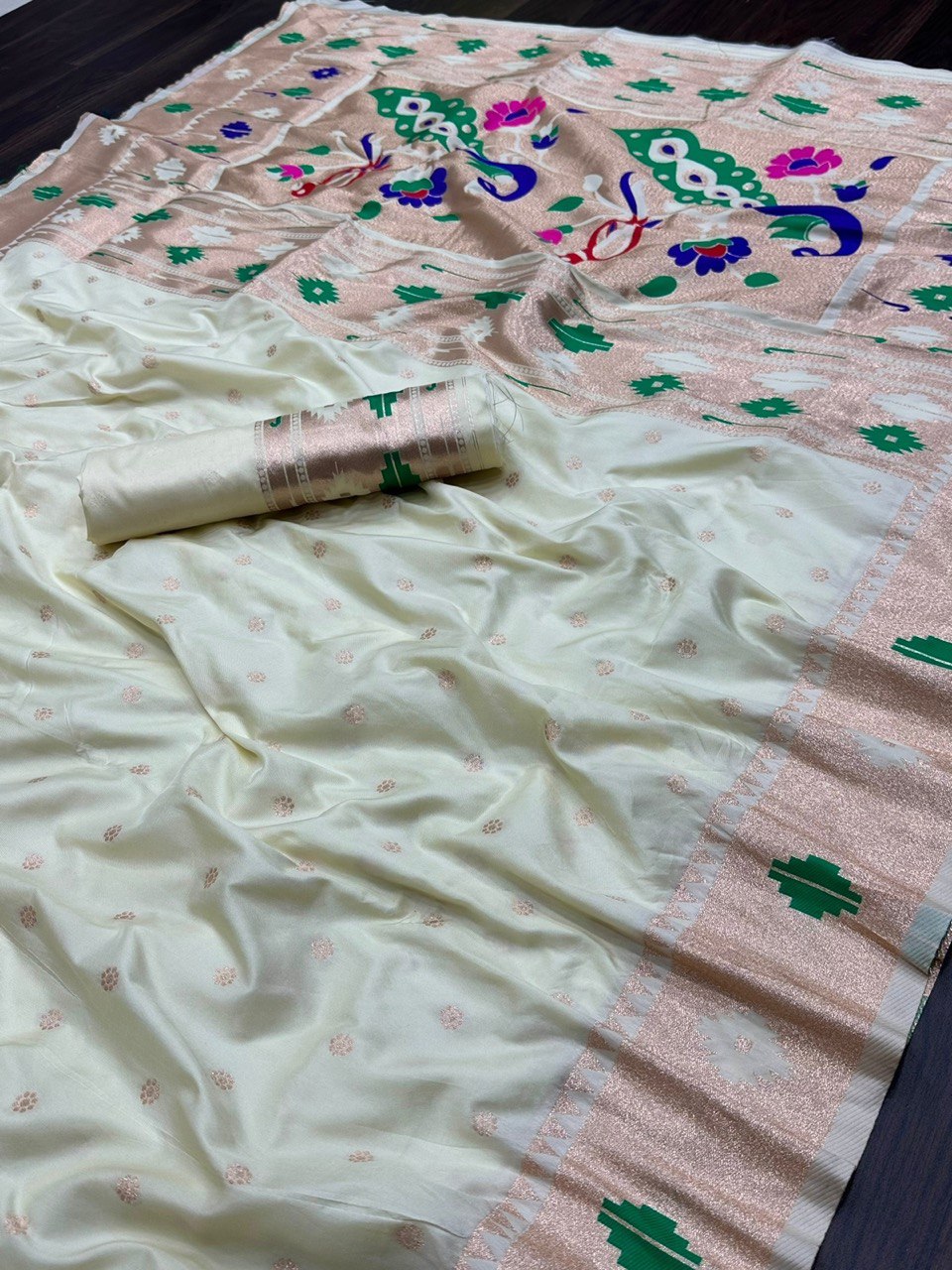 Rose White Woven Design Paithani Pure Silk by Icultuer with Zari Border