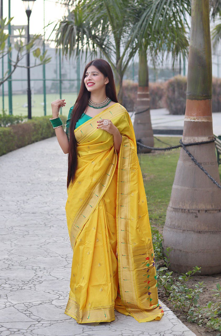 Yellow Banarasi Soft Silk Zari Work Designer by Icultuer
