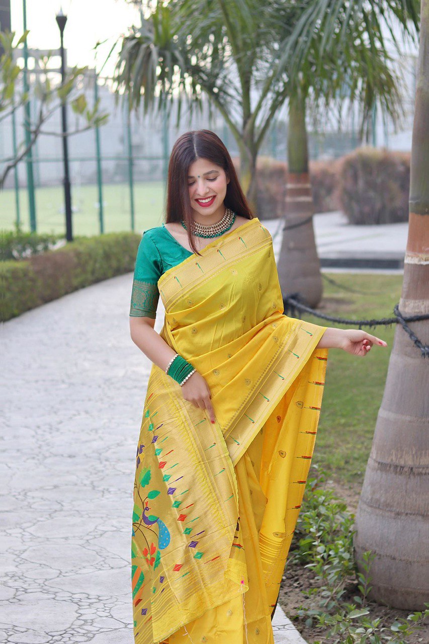 Yellow Banarasi Soft Silk Zari Work Designer by Icultuer