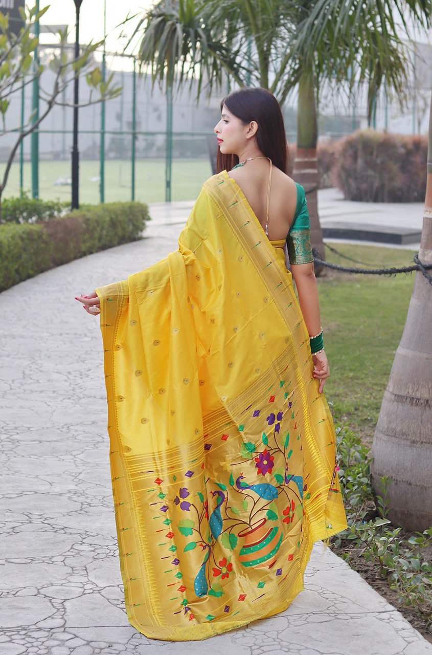 Yellow Banarasi Soft Silk Zari Work Designer by Icultuer