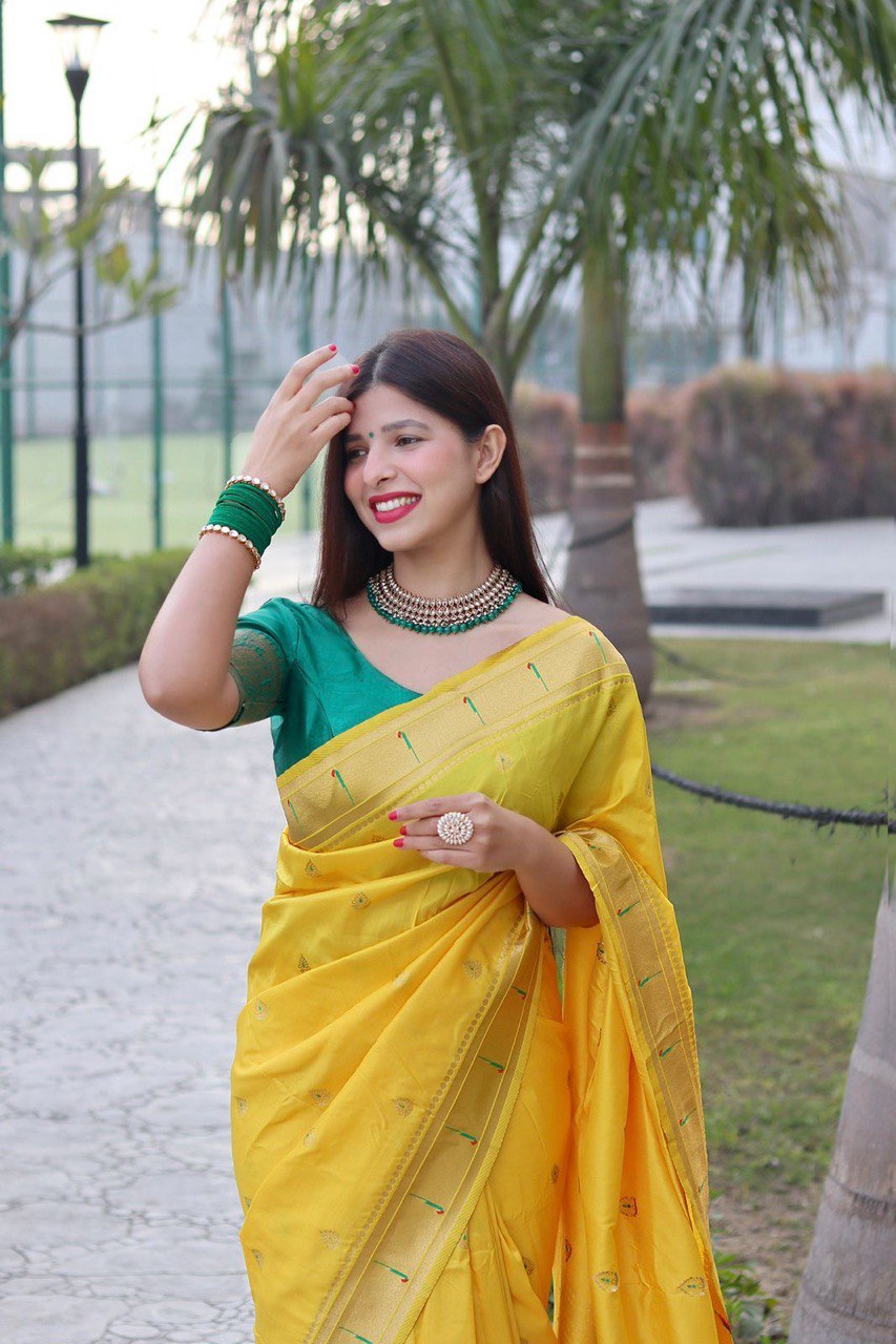 Yellow Banarasi Soft Silk Zari Work Designer by Icultuer
