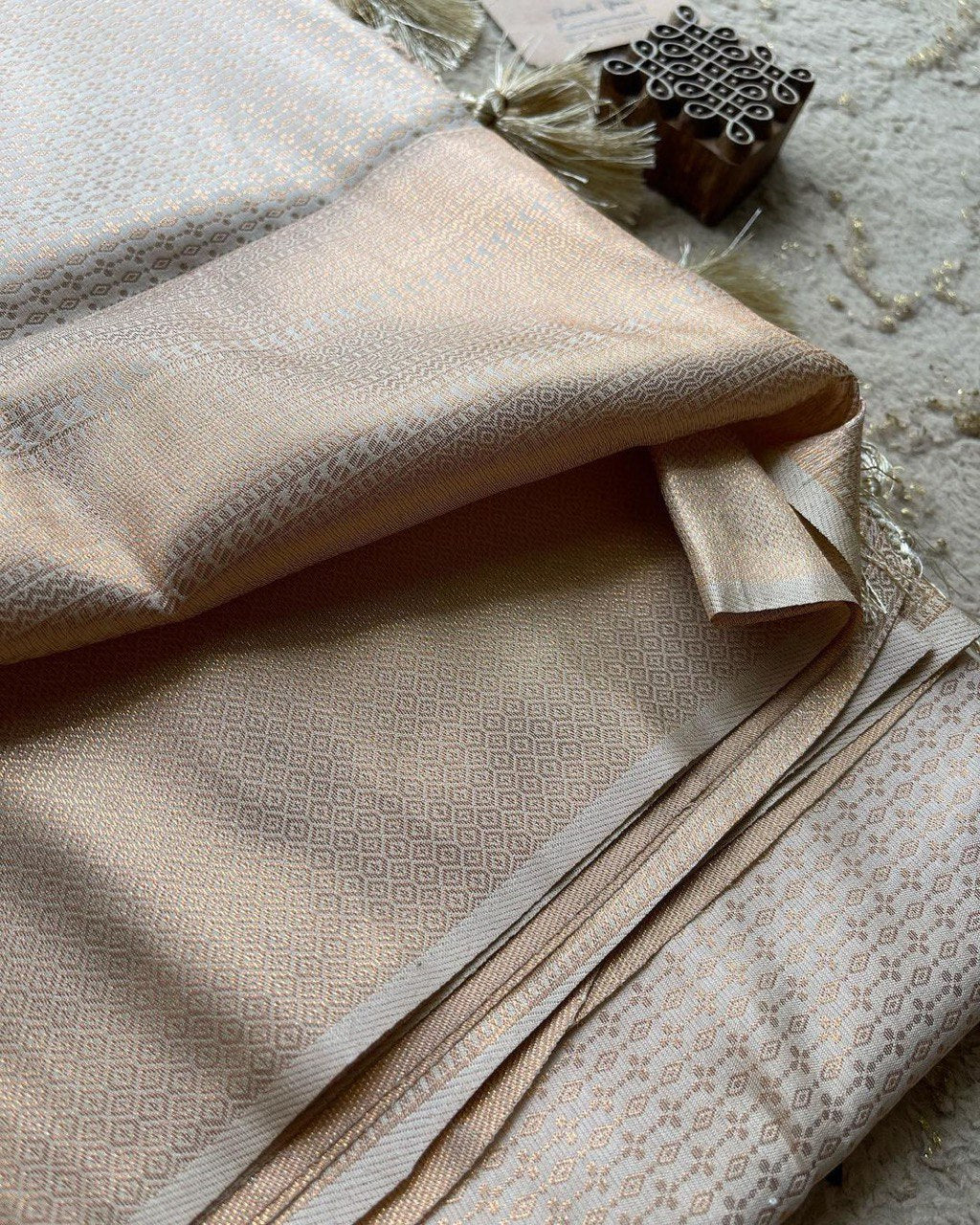 Cream Copper Zari Weaving Banarasi Soft Silk by Icultuer