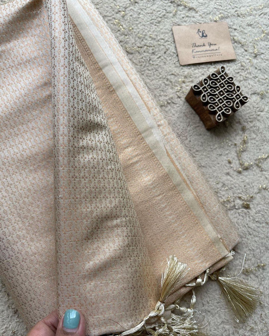 Cream Copper Zari Weaving Banarasi Soft Silk by Icultuer