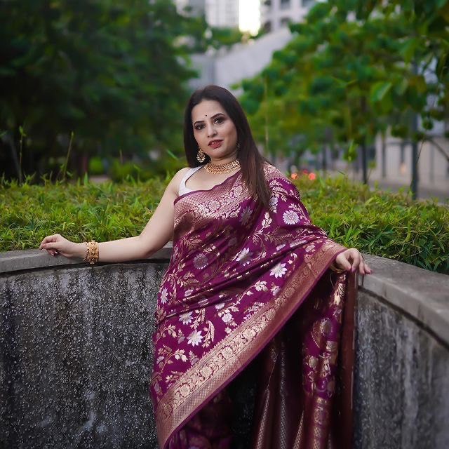 Attractive Wine Floral Printed Banarasi Soft Silk by Icultuer
