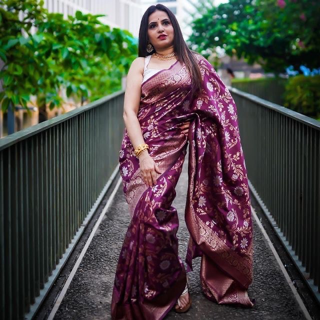 Attractive Wine Floral Printed Banarasi Soft Silk by Icultuer
