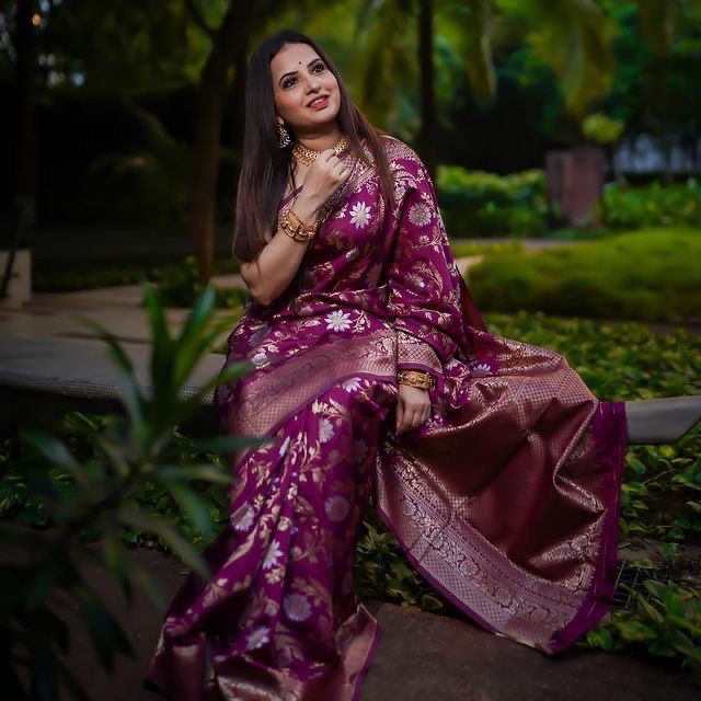 Attractive Wine Floral Printed Banarasi Soft Silk by Icultuer